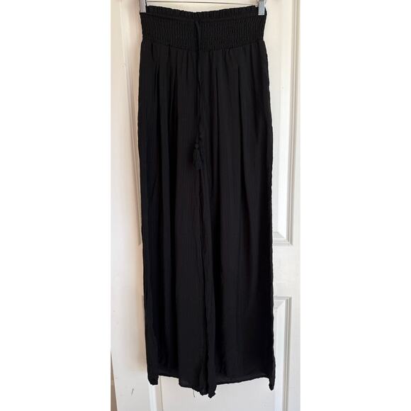 Mustard Seed Black Wide Leg Palazzo Pants Shirred High Waist Tassel M - Picture 2 of 7